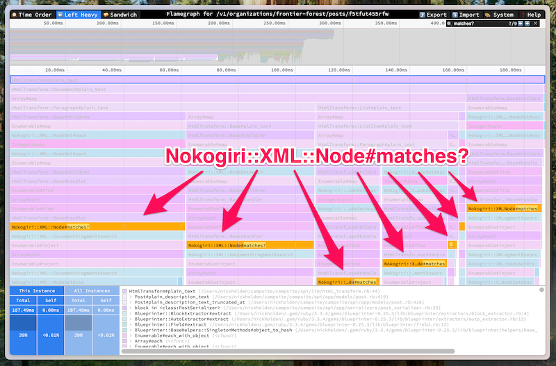 Flamegraph with many long calls to `Nokogiri::XML::Node#matches?